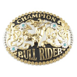 Rodeo Champion Bältesspänne "Bull Rider" med Turkos Strass Guld och silver