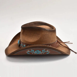 Strå Cowboyhatt med Broderad Läderrem
