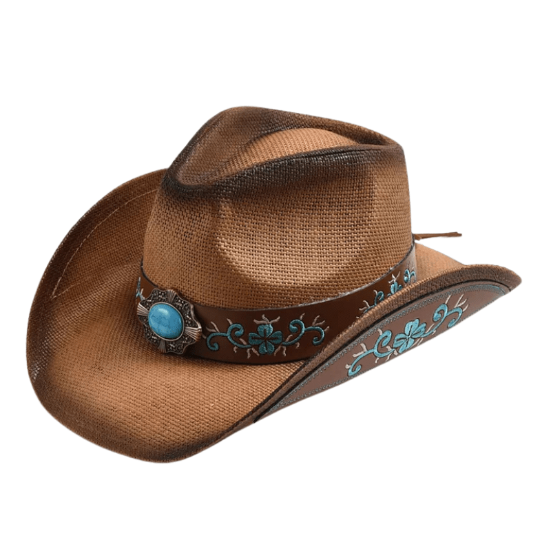 Strå Cowboyhatt med Broderad Läderrem Blå / 56-58cm
