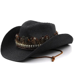 Stråcowboyhatt med fjäderdekor Svart / 56-58cm