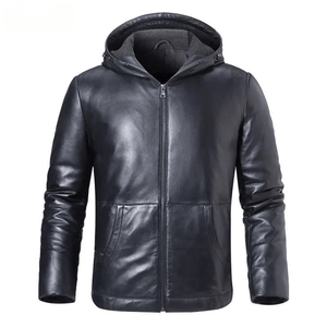 Svart läder dun hoodie jacka herr Svart / XS