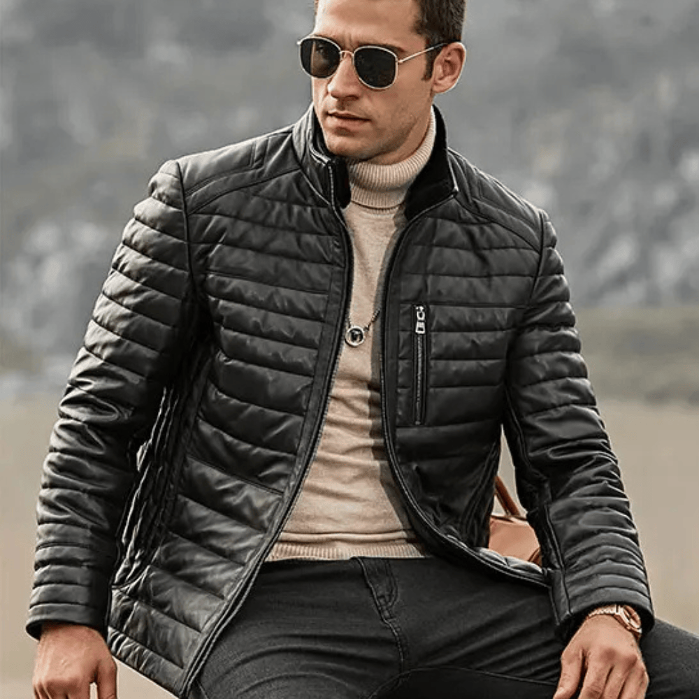 Svart vinter läder puffer jacka herr