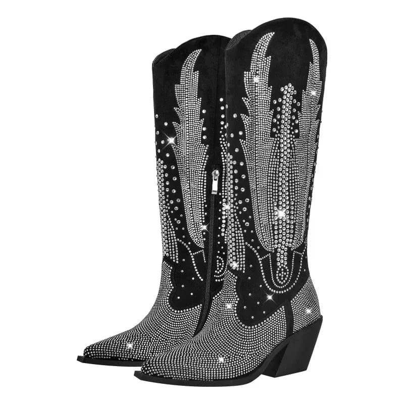 Svarta Höga Cowboystövlar med Strass för Dam