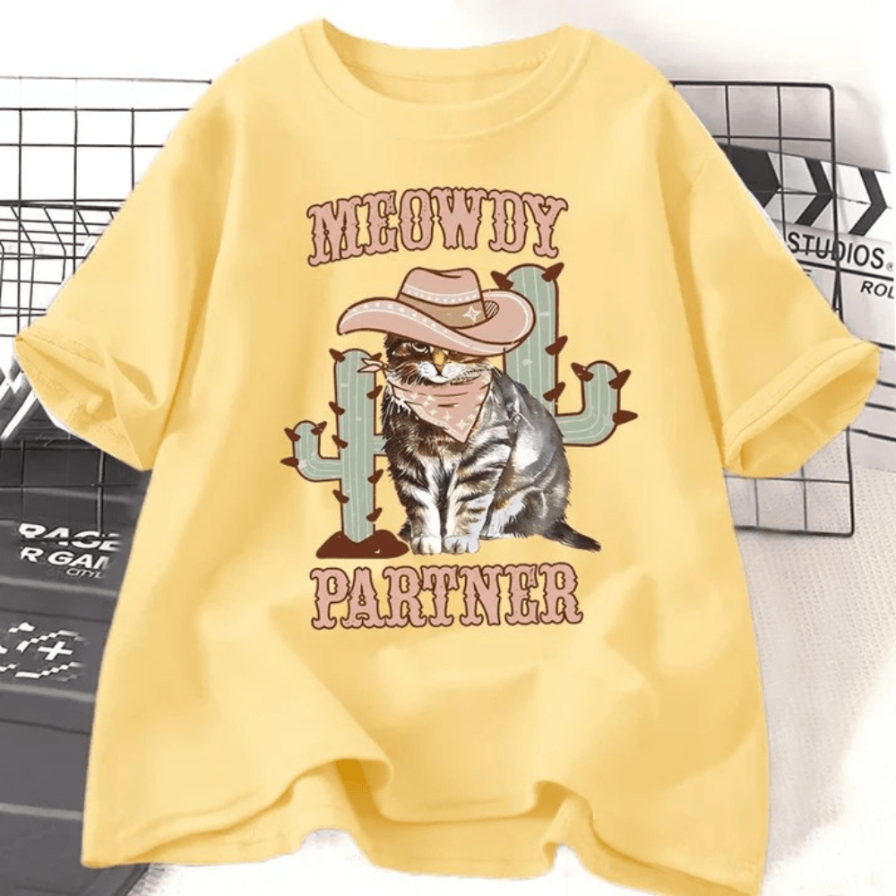 Tshirt med cowboykatt "Meowdy Partner" Gul / S