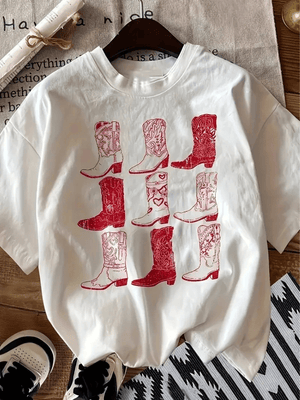 Tshirt med rosa cowgirl boots för dam Vit / XS