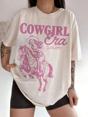 Tshirt med rosa cowgirltryck "Cowgirl Era" Vit / S