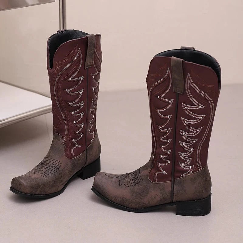 Tvåfärgade Höga Cowboyboots med Fyrkantig Tå för Dam