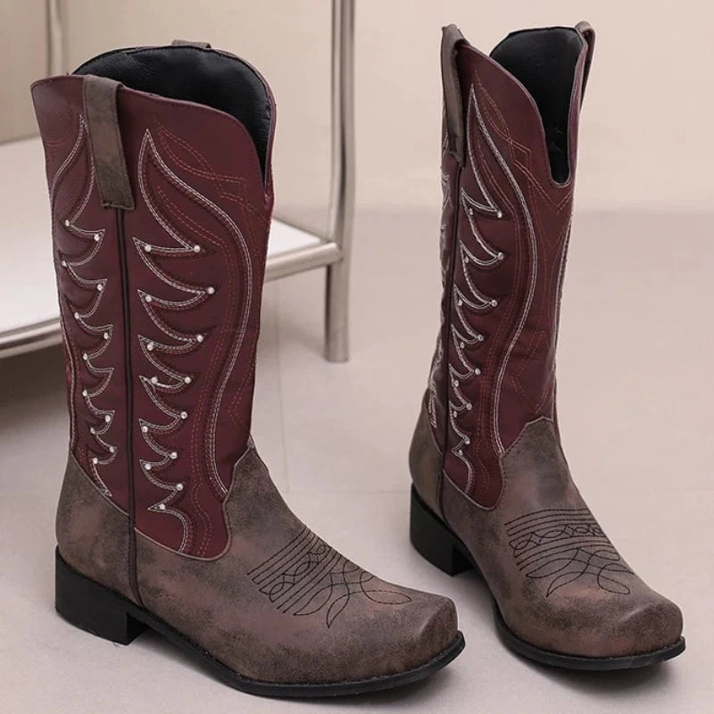 Tvåfärgade Höga Cowboyboots med Fyrkantig Tå för Dam