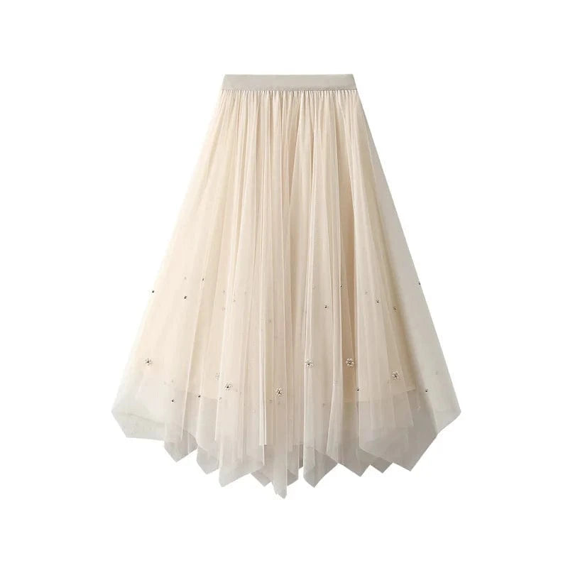 Tyllkjol med pärlbroderi och asymmetrisk fåll Beige / One Size