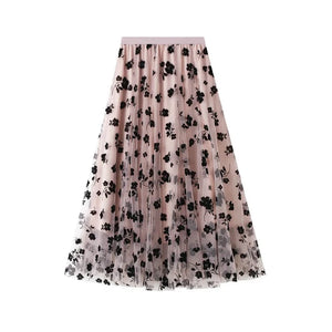 Tyllkjol med svarta blombroderier Rosa / One Size