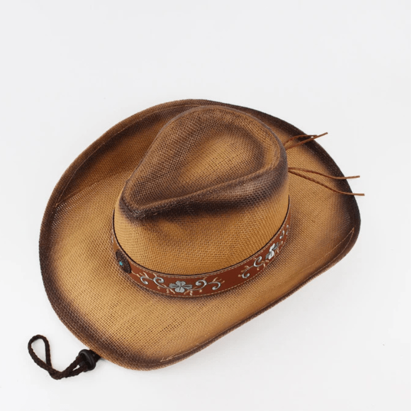 Vintage Stråcowboyhatt med Broderade Detaljer Beige strå / 56-58cm