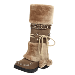 Vinter cowboyboots med fluffig insida och dekorativ snörning Brun / 35