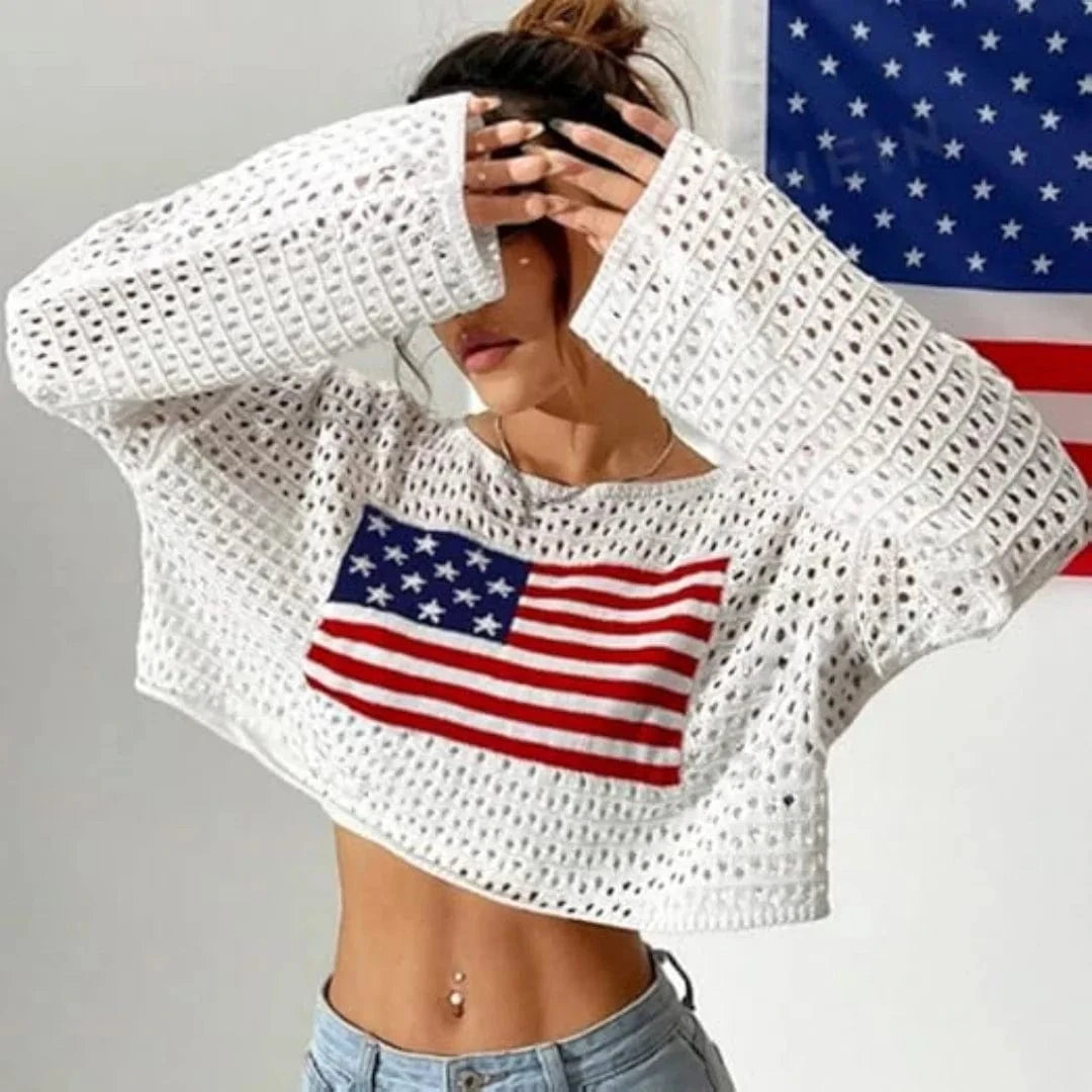 Virkad kort tröja med amerikansk flagga