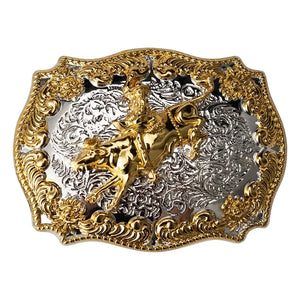 Western Bältesspänne Guld Silver Blommig Bakgrund Motiv Tjurryttare