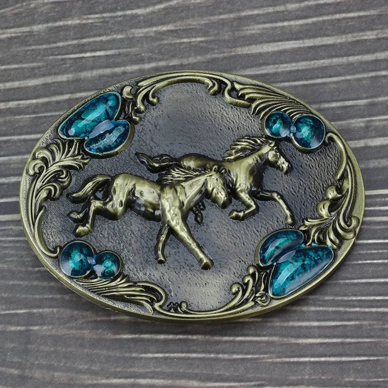 Western bältesspänne Hästmotiv med Turkis Stenar och Snirklig Gravyr
