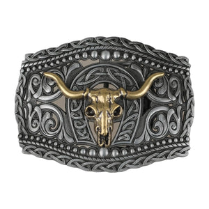 Western Bältesspänne i Metall med Präglad Design Böjda hornskalle