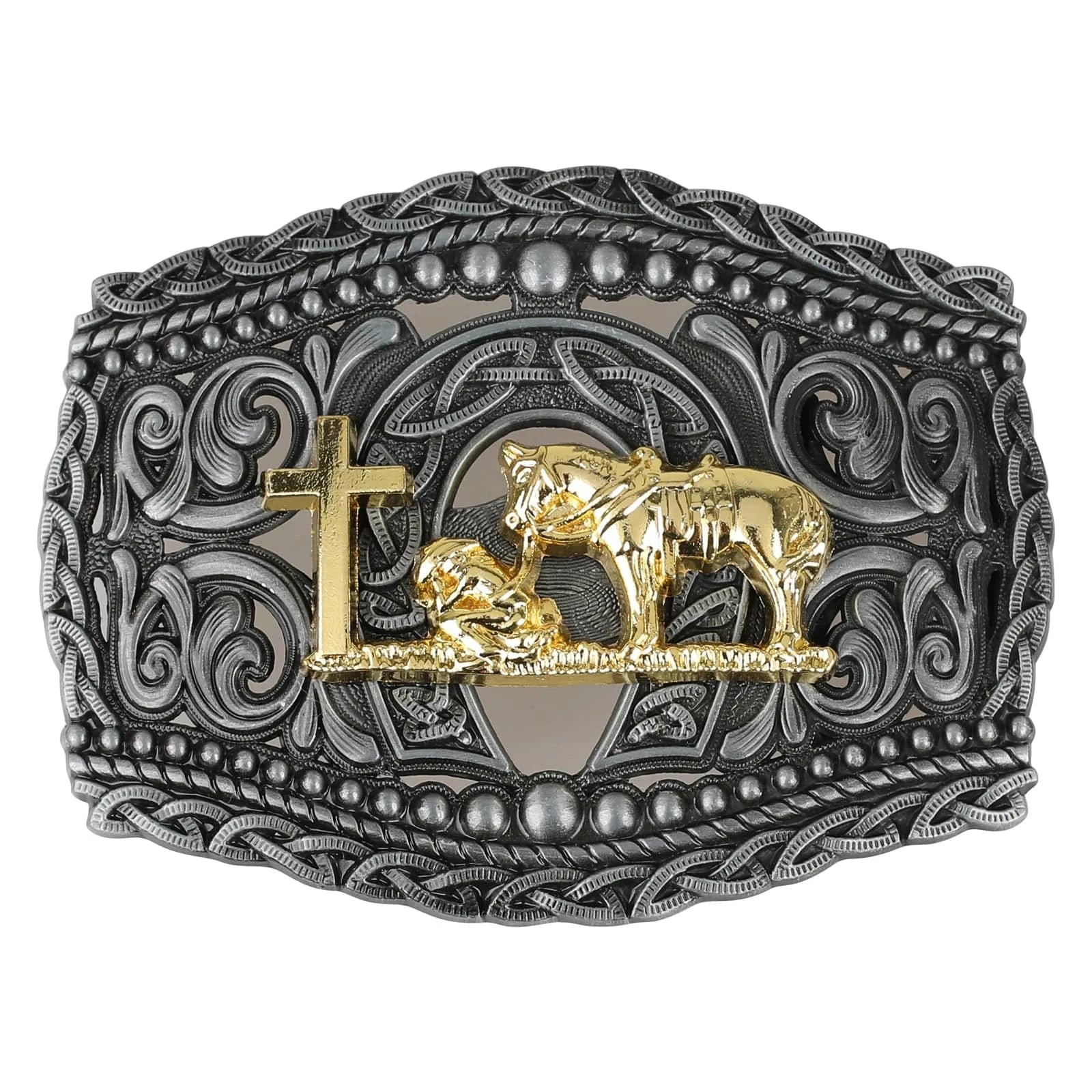 Western Bältesspänne i Metall med Präglad Design Kors-guld