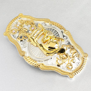 Western Bältesspännen Guld Silver Djurmotiv Vita Strass Blommig Relief