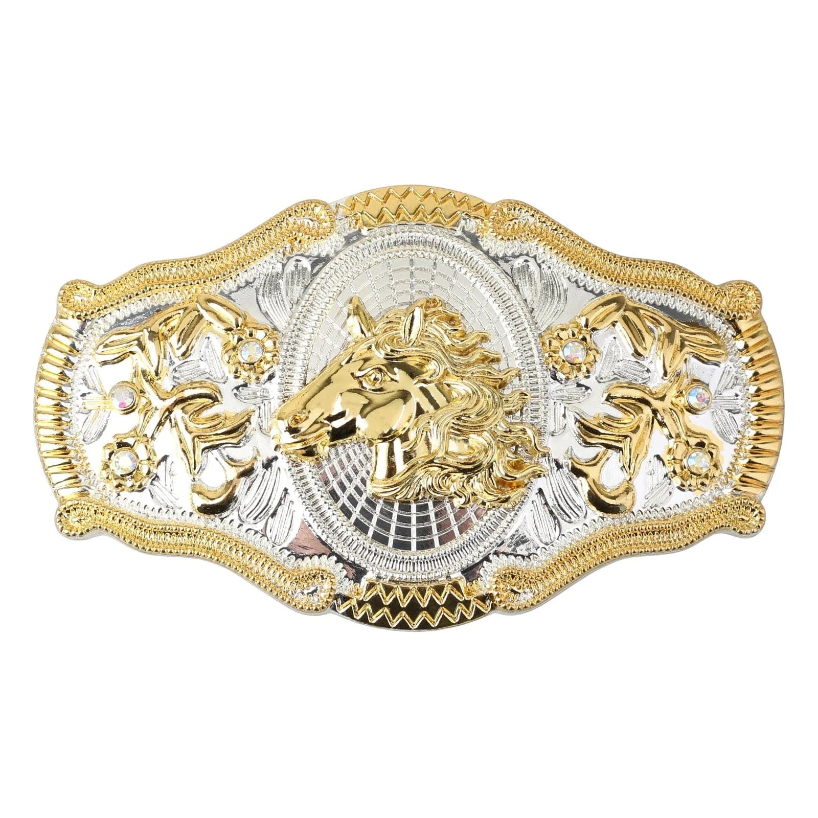 Western Bältesspännen Guld Silver Djurmotiv Vita Strass Blommig Relief Hästhuvud