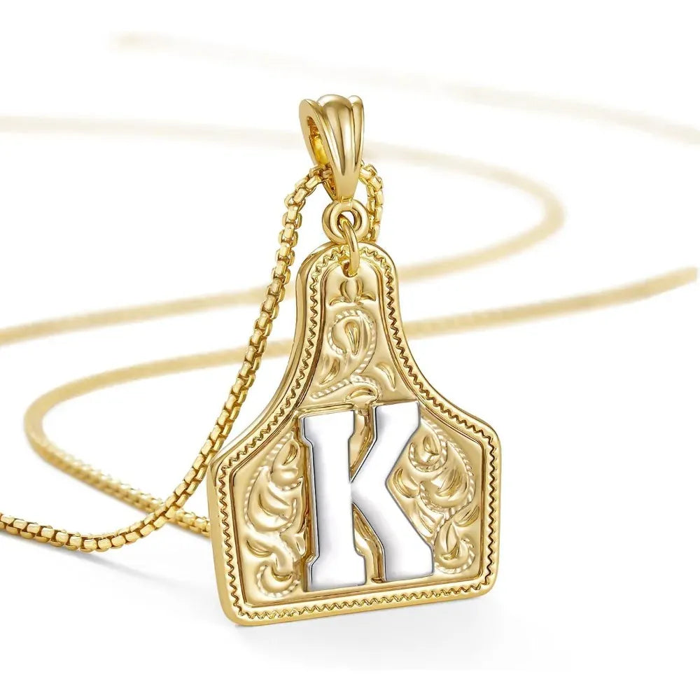 Western Cowgirl Initial Necklace Cowboy A-Z Letter Pendant Necklace for Women Handmade CowTag Two-Toned Jewelry Gift K / With cowboy box