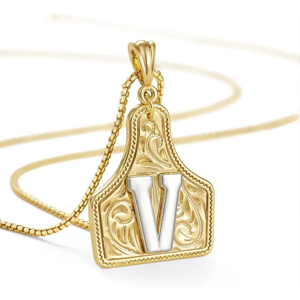 Western Cowgirl Initial Necklace Cowboy A-Z Letter Pendant Necklace for Women Handmade CowTag Two-Toned Jewelry Gift V / With cowboy box