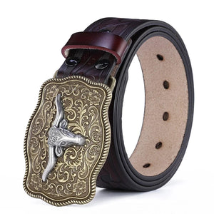 Westernbälte i Äkta Läder med Präglat Motiv och Stora Buckles Brunröd och guld / 110cm