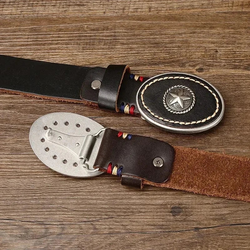 Westernbälte i Äkta Läder med Rund Spännesdesign och Vintage-känsla
