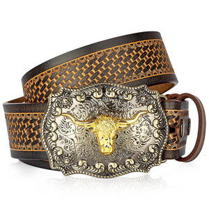 Westernbälte i Präglat Läder med Guldfärgat Longhorn-spänne Cognac 1 / 105cm