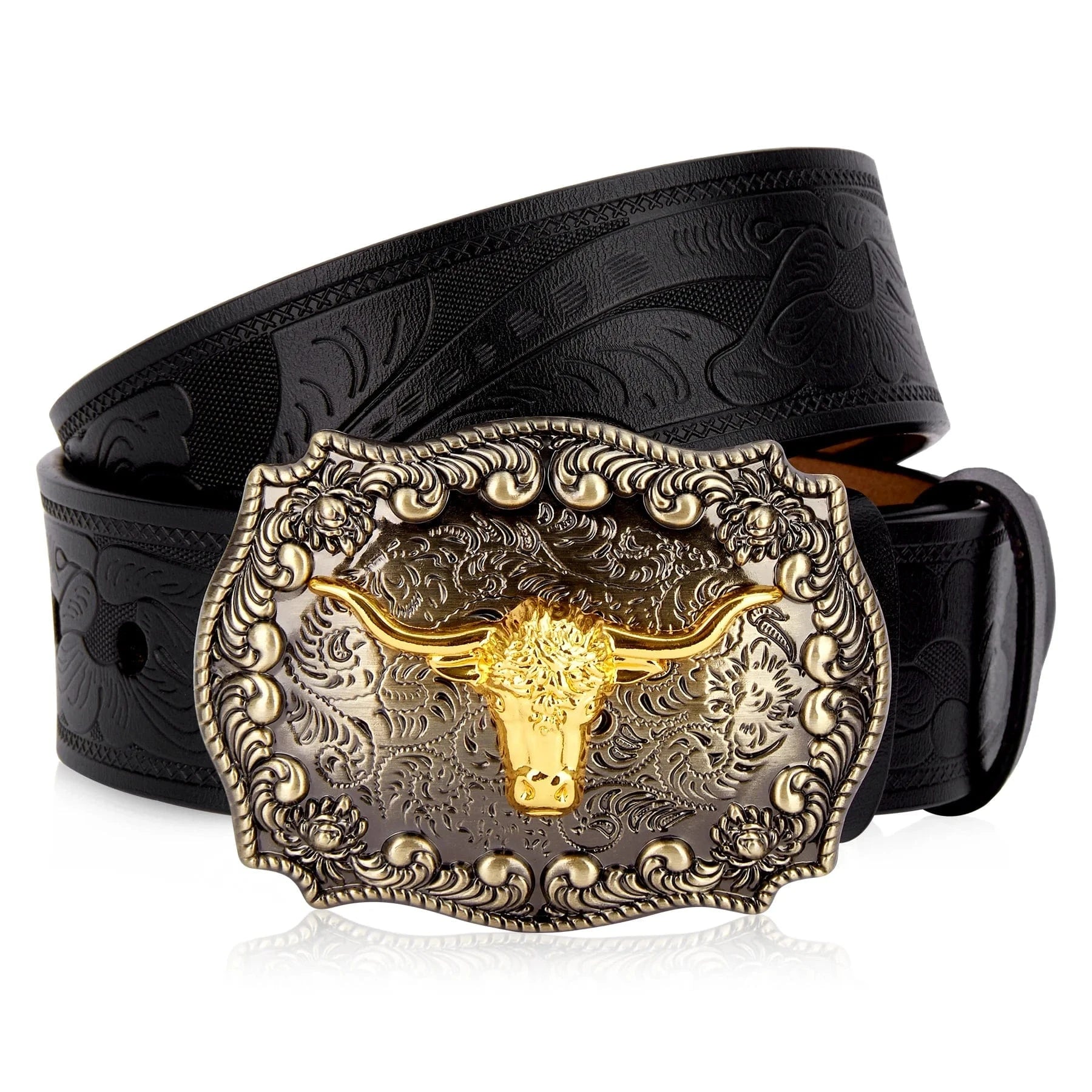 Westernbälte i Präglat Läder med Guldfärgat Longhorn-spänne Svart 1 / 105cm