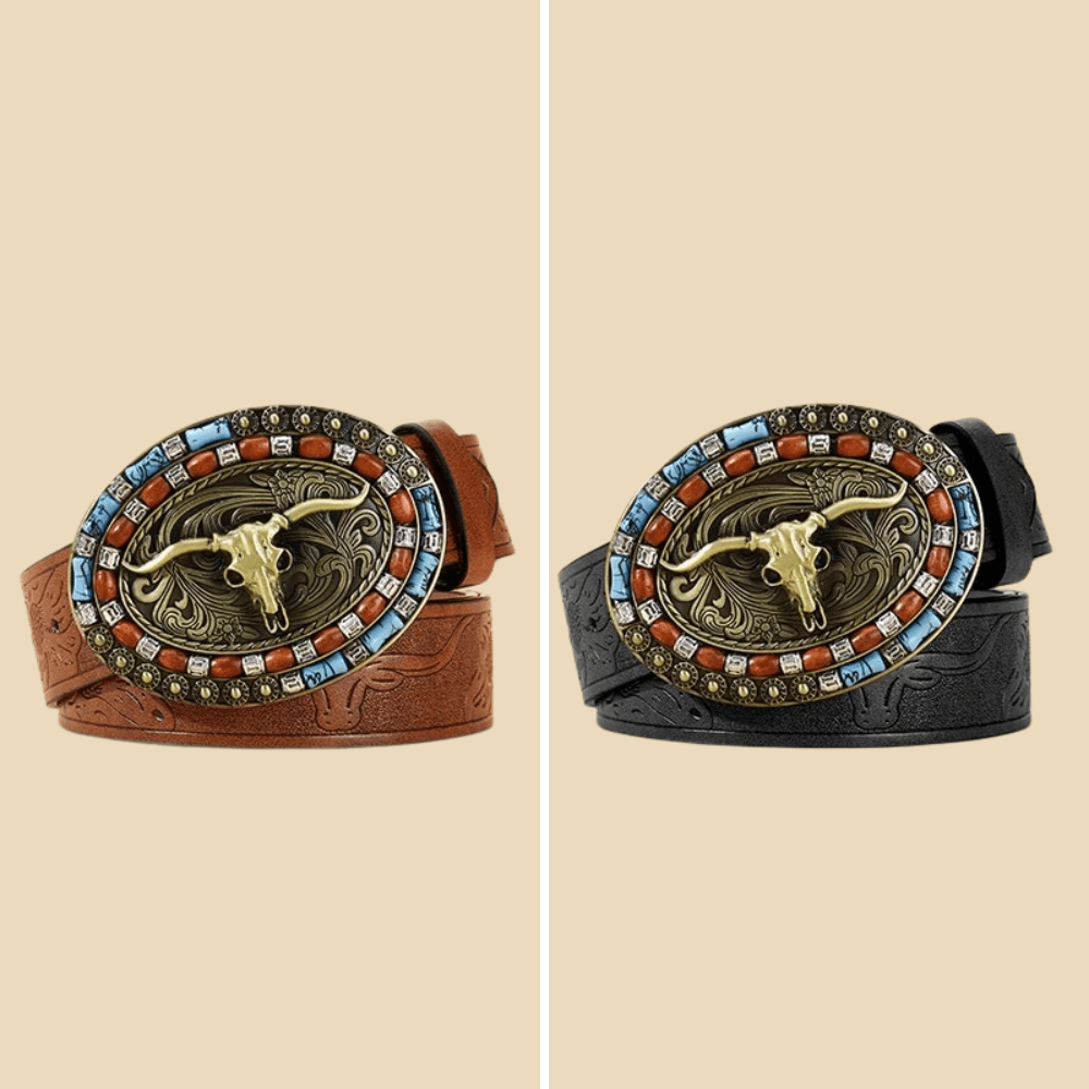Westernbälte med färgat tjurspänne och präglat läder