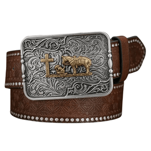 Westernbälte med silverfärgat cowboy prayer Mörkbrun / 120cm