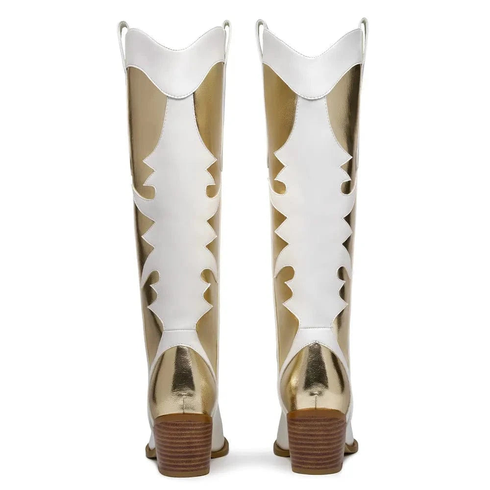 Vita Höga Cowgirl Boots med Guldiga Detaljer